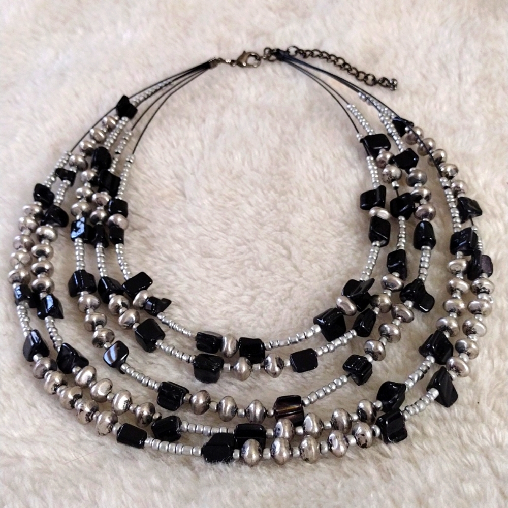 Multi Strand Layered vintage Necklace Black Silver Concise Square Beaded